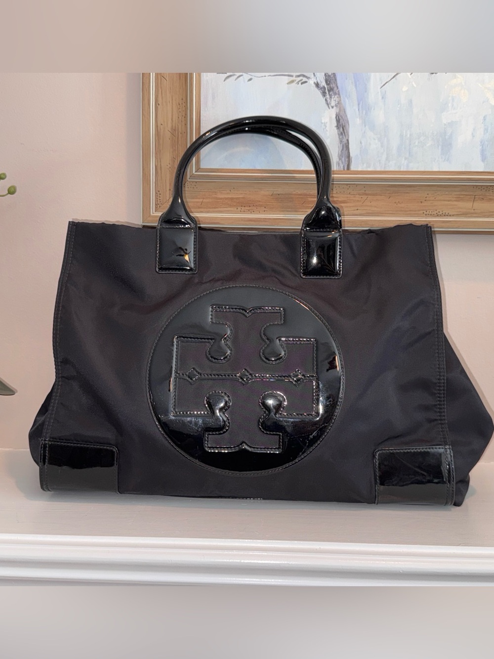 Tory Burch X2108 Black Patent Leather Nylon X-Large Tote Size 23/17x13x5 in - Picture 3 of 13